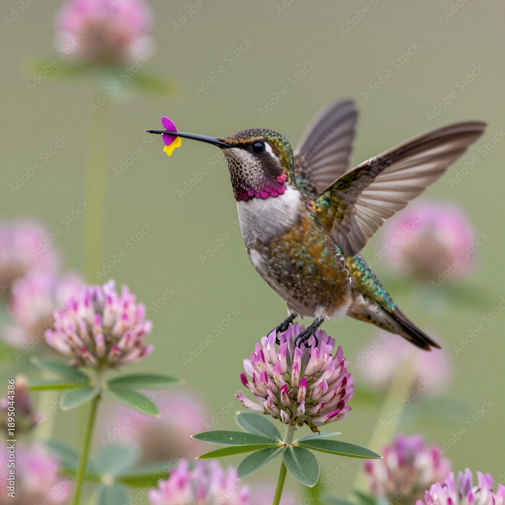 Fototapeta premium A hummingbird perched on pink clover flowers, holding a blooming flower in its beak. (Nature Photography: Wildlife - Hummingbirds)