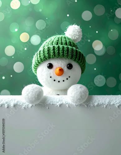 Cute Snowman in Green Hat Peeking Over Snow with Bokeh Background.
