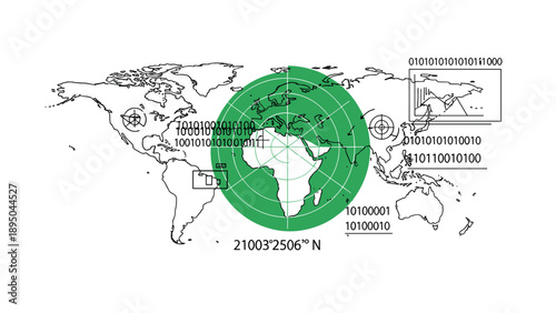World map with digital binary data overlays and radar grid