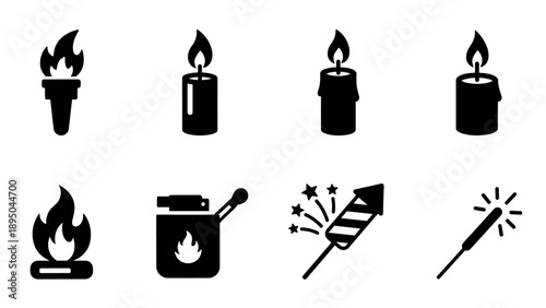 Silhouette icons of fire elements: torches, candles, fireworks, and flames