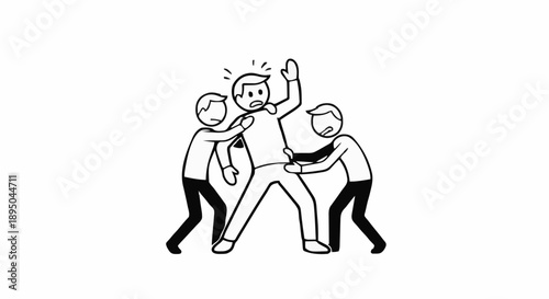 Two people holding a distressed man struggling against them.