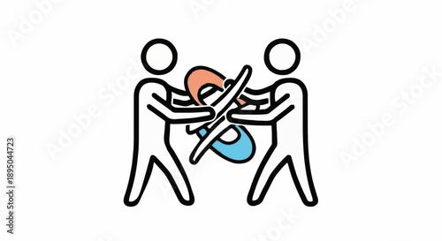 Two people holding a stylized airplane in conflict.