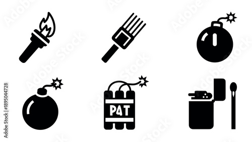 Set of explosive icons in bold silhouette style