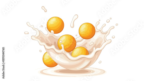 Golden spheres vigorously splash into creamy white liquid a dynamic and refreshing illustration for dairy or fruit beverage promotions with lively