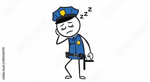 Tired Stick Figure Police Officer Sleeping On Duty.