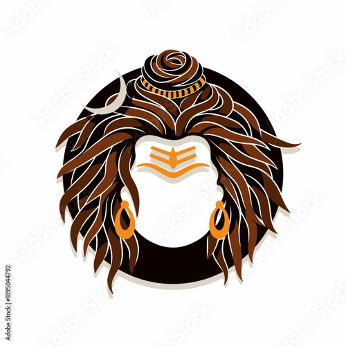 Stylized graphic illustration of Lord Shiva's head with dreadlocks, crescent moon, third eye mark, and earrings, representing Hindu deity.