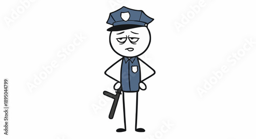Tired Stick Figure Police Officer Standing Uniformed With Baton.