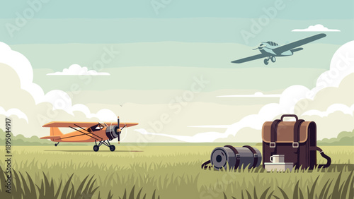 Vintage adventure: retro airplanes and camping gear in scenic landscape