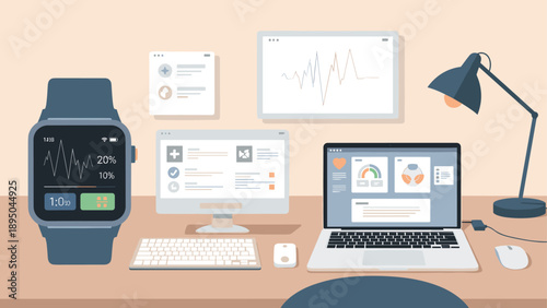 Modern workspace with smartwatch and digital devices in flat design