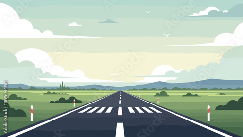 Endless highway through serene landscape with mountains in the background