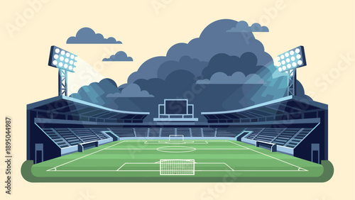 Empty soccer stadium at twilight with dramatic sky and floodlights