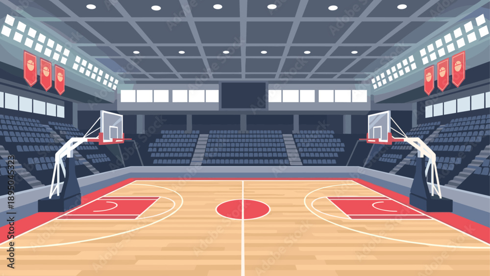 Obraz premium Modern indoor basketball court with empty stands and bright lighting