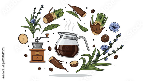 Artisanal depiction of chicory coffee preparation elements featuring traditional grinder aromatic beverage hot steaming pitcher and natural