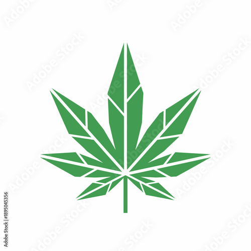 Stylized green cannabis leaf with geometric facets and sharp edges on a clean white background, representing a modern botanical design.