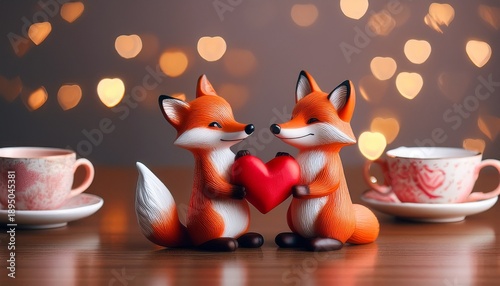 fox figurines holding a heart on a table with tea cups