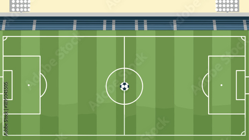 Top view soccer field with central ball and stadium seating