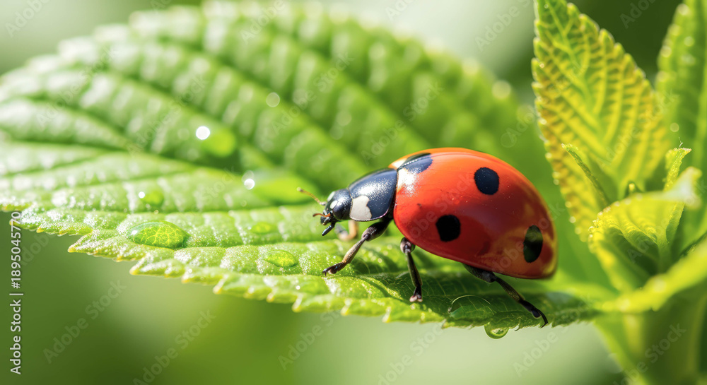 Obraz premium Red ladybug on a green leaf with water drops. Macro photography of a small insect with dew on a plant, suitable for nature and garden themes.