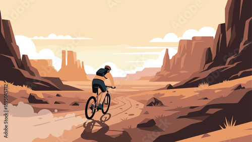 Cyclist navigates scenic desert terrain at sunset in minimalist art