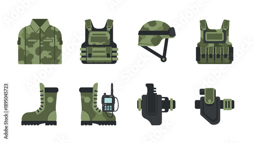 Military gear set: camouflage helmet, vest, boots, and radio in flat design