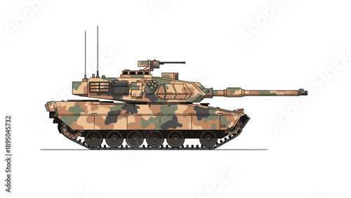 Camouflage battle tank side view in detailed flat style for military design