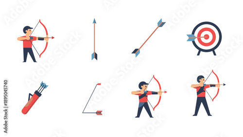Archery icons featuring archer, arrows, and target in flat style