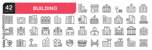 Set of line icons related to real estate, house, home, apartment, hospital, hotel, city scape, downtown, museum, mosque, church, pagoda. architecture buildings . Outline icons collection. Editable str