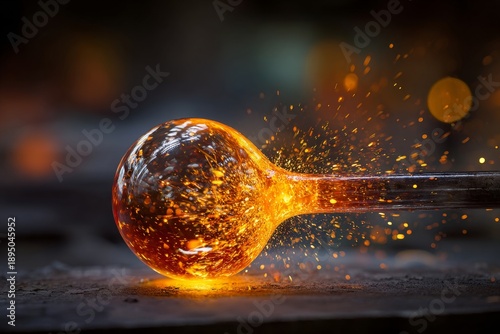 Molten glass glowing orange on glassblowing pipe with sparks flying creative craftsmanship intense heat artisan workshop dramatic lighting industrial art
