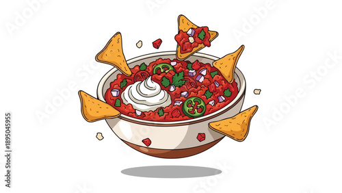 Dynamic illustration of zesty red salsa with sour cream, surrounded by golden crunchy tortilla chips