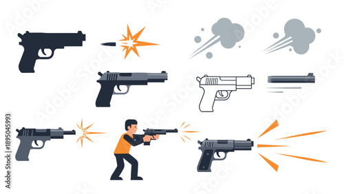 Flat style gun and shooting effects with man firing pistol and rifle