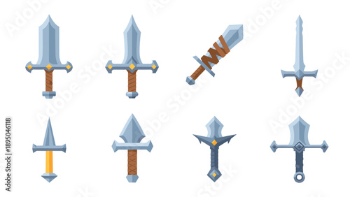 Set of medieval swords with cartoon style and detailed design elements