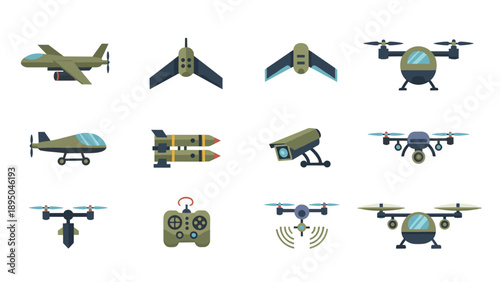 Modern drone set with flat design elements and accessories