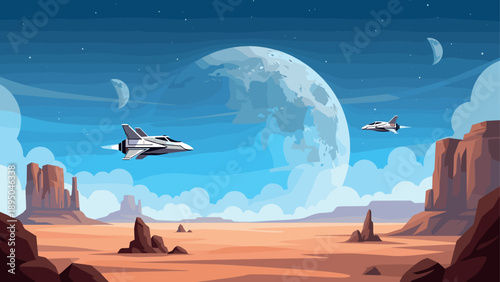 Futuristic spacecraft over alien desert landscape with moon and rock formations