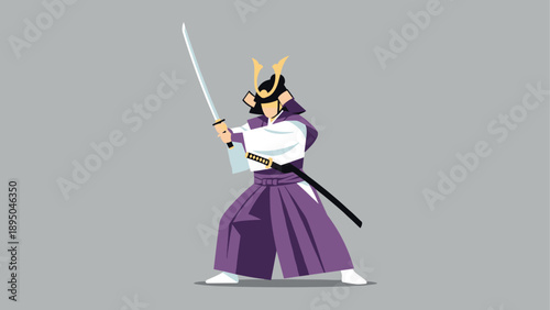 Samurai warrior in armor holding sword on grey background in geometric style