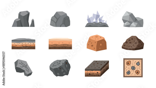 Collection of different rocks and minerals in flat cartoon style