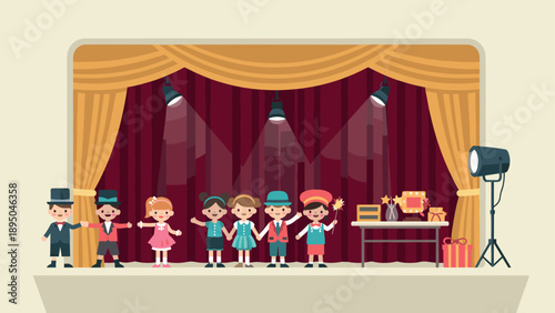 Children performing a play on stage with gifts and lights in flat design