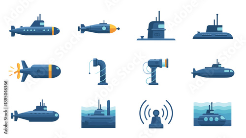 Submarine icons set: nautical vehicles and equipment in flat design
