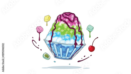 A vibrant and refreshing colorful shaved ice dessert overflowing with sweet syrups and playful candy cube toppings perfect for a hot summer day