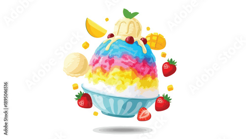 A vibrant and refreshing shaved ice dessert illustration featuring colorful syrup layers, topped with creamy vanilla ice cream, fresh strawberries,