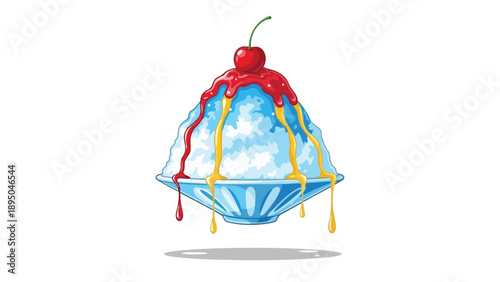 Vibrant icy dessert illustration showcasing a delightful frozen treat adorned with colorful fruit syrups and a bright red cherry, perfect for summer