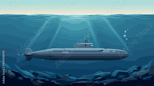 Underwater submarine exploration with sun rays and ocean depths