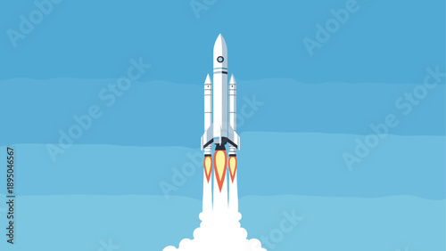 Rocket launch with blue sky background and white smoke trail
