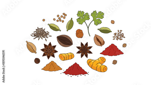 An inviting culinary collection of aromatic whole and ground spices and vibrant fresh herbs arranged artistically