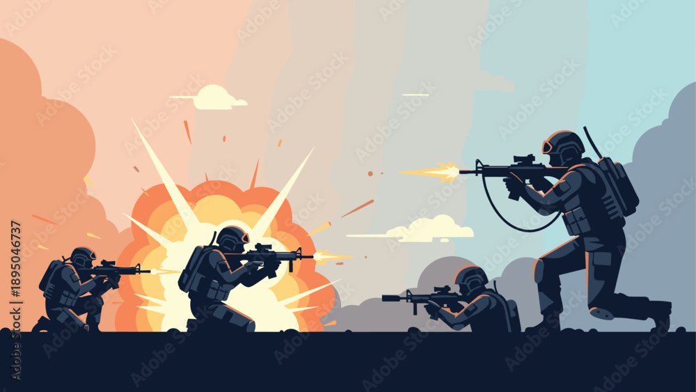 Fototapeta premium Epic battle scene with soldiers in combat gear amidst explosive action