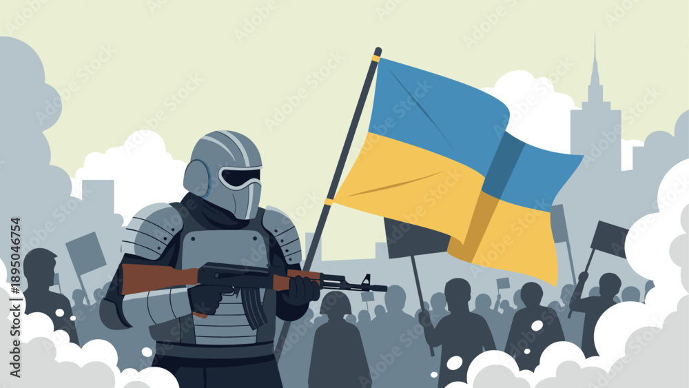 Fototapeta premium Modern warfare scene with soldier and ukraine flag amid protest silhouette