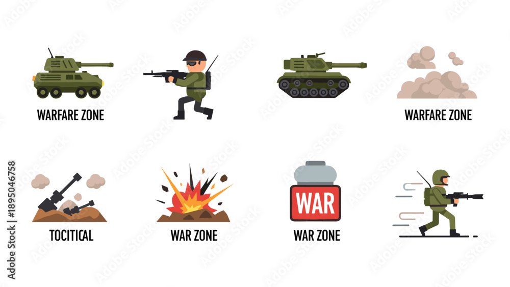 Fototapeta premium Military combat elements with tanks, soldiers, and explosions in flat design