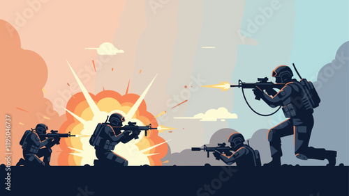 Epic battle scene with soldiers in combat gear amidst explosive action