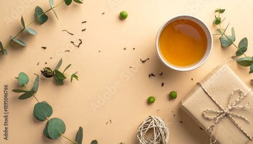 Wallpaper Mural "Flat lay of wrapped gift with twine and greenery surrounded by tea cups, eucalyptus leaves, and dried flowers." Torontodigital.ca