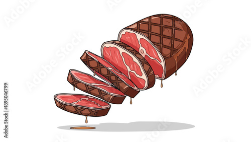 Artfully sliced grilled steak with dripping juices, hovering in an appealing culinary display