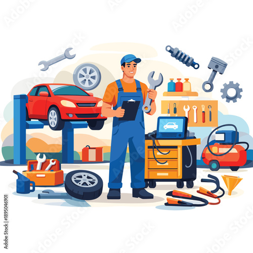 Car mechanic working in a garage with tools and equipment