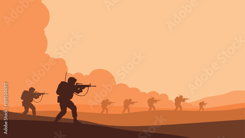 Silhouette of soldiers in desert landscape with smoky sky